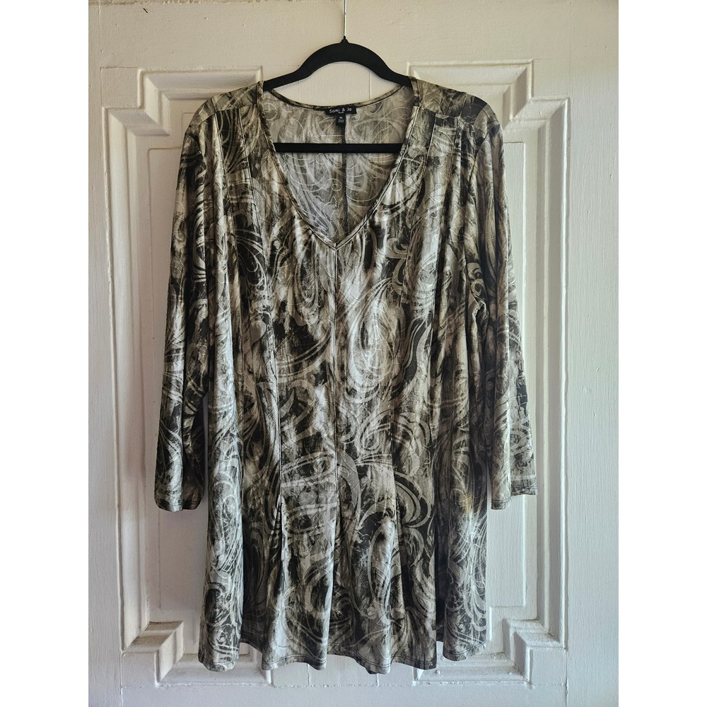 Sami & Jo Plus Women 2X Olive Green Abstract Swirl Print 3/4 Sleeve Tunic Top